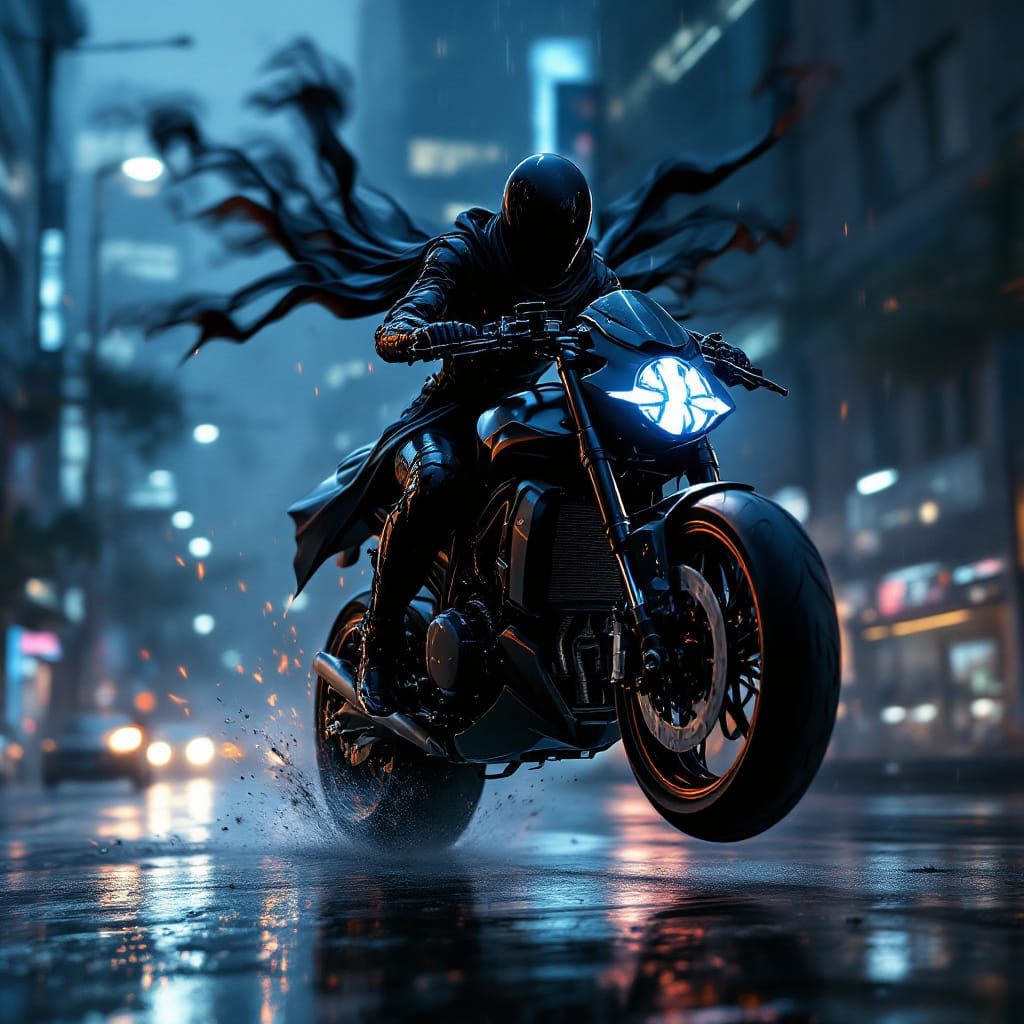 Celty Sturluson Mid-Air on Motorcycle in Neon City