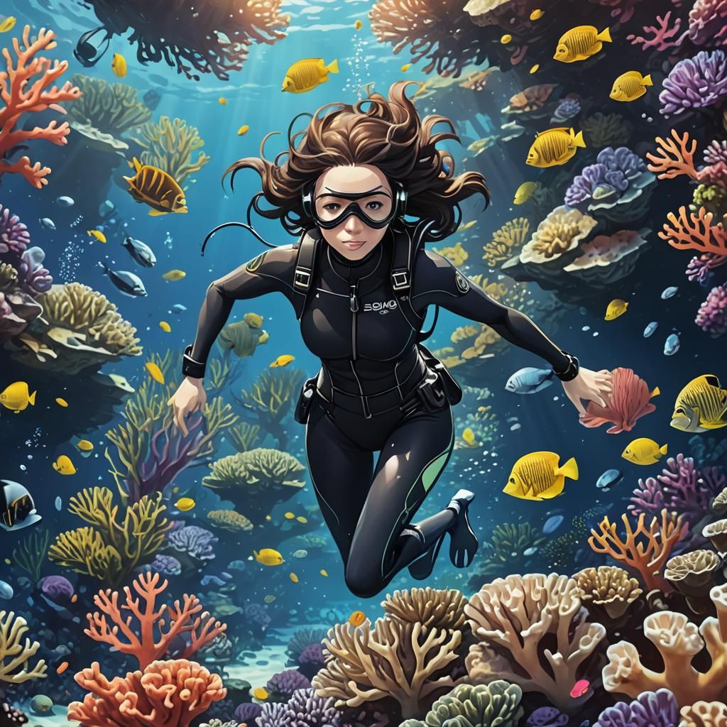Anime Scuba Diver in Coral Reef