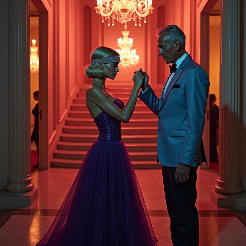 Elegant Woman in Purple Gown Guided in Opulent Villa