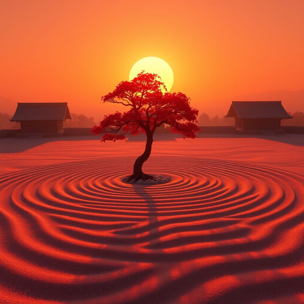Sunset Zen Garden in Japanese Art Style