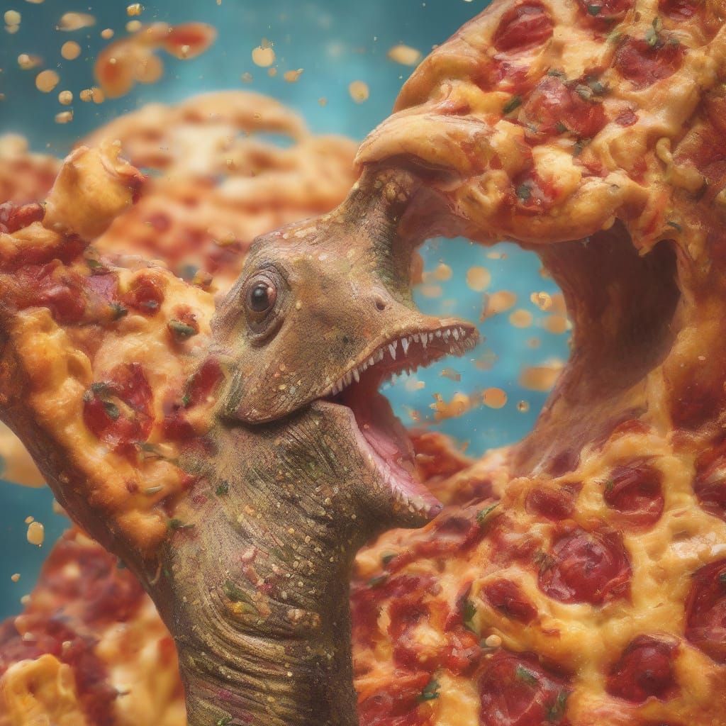 Diplodocus in Pizza Hat: Surreal Mixed Media Collage