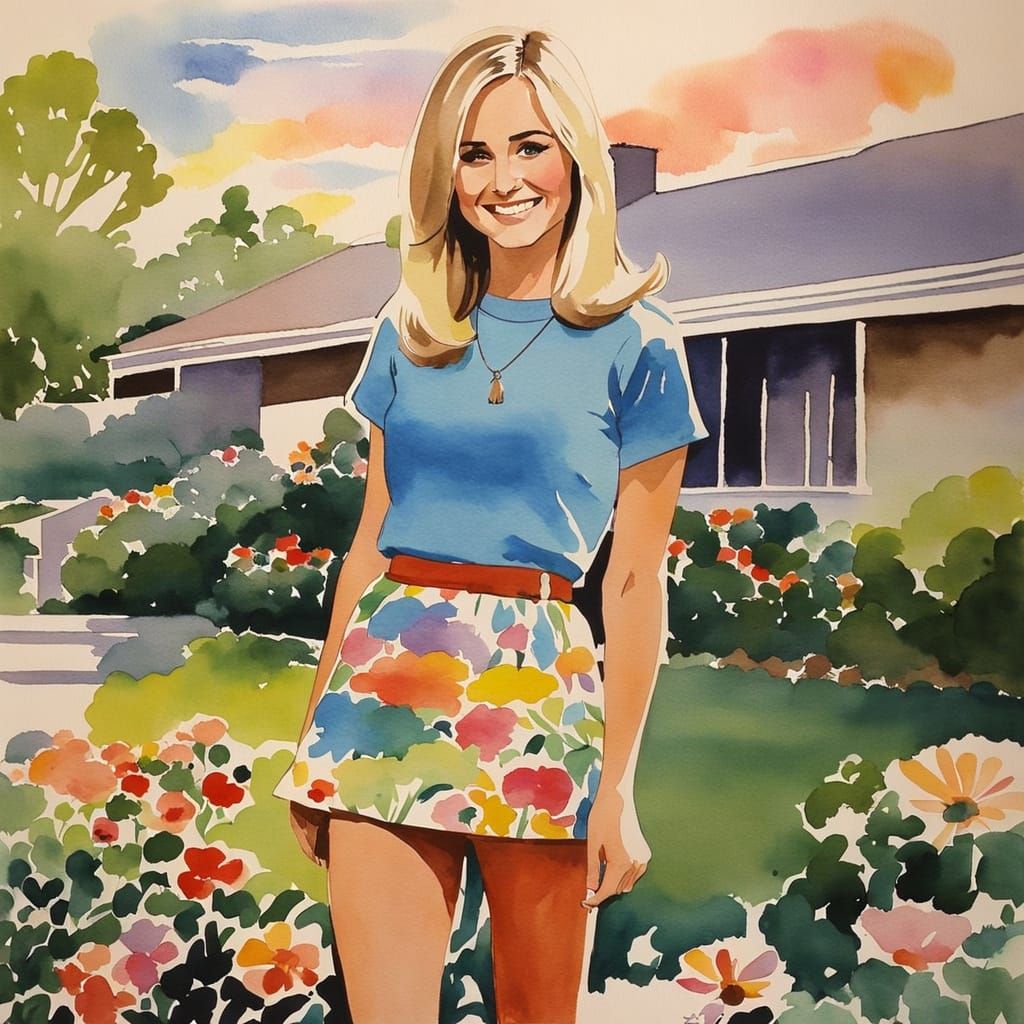 Nostalgic Blonde Teen in 1960s Era Watercolor