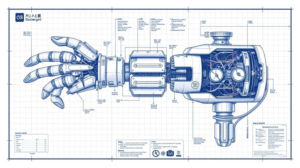Futuristic Cybernetic Arm Blueprint in Detailed White Ink