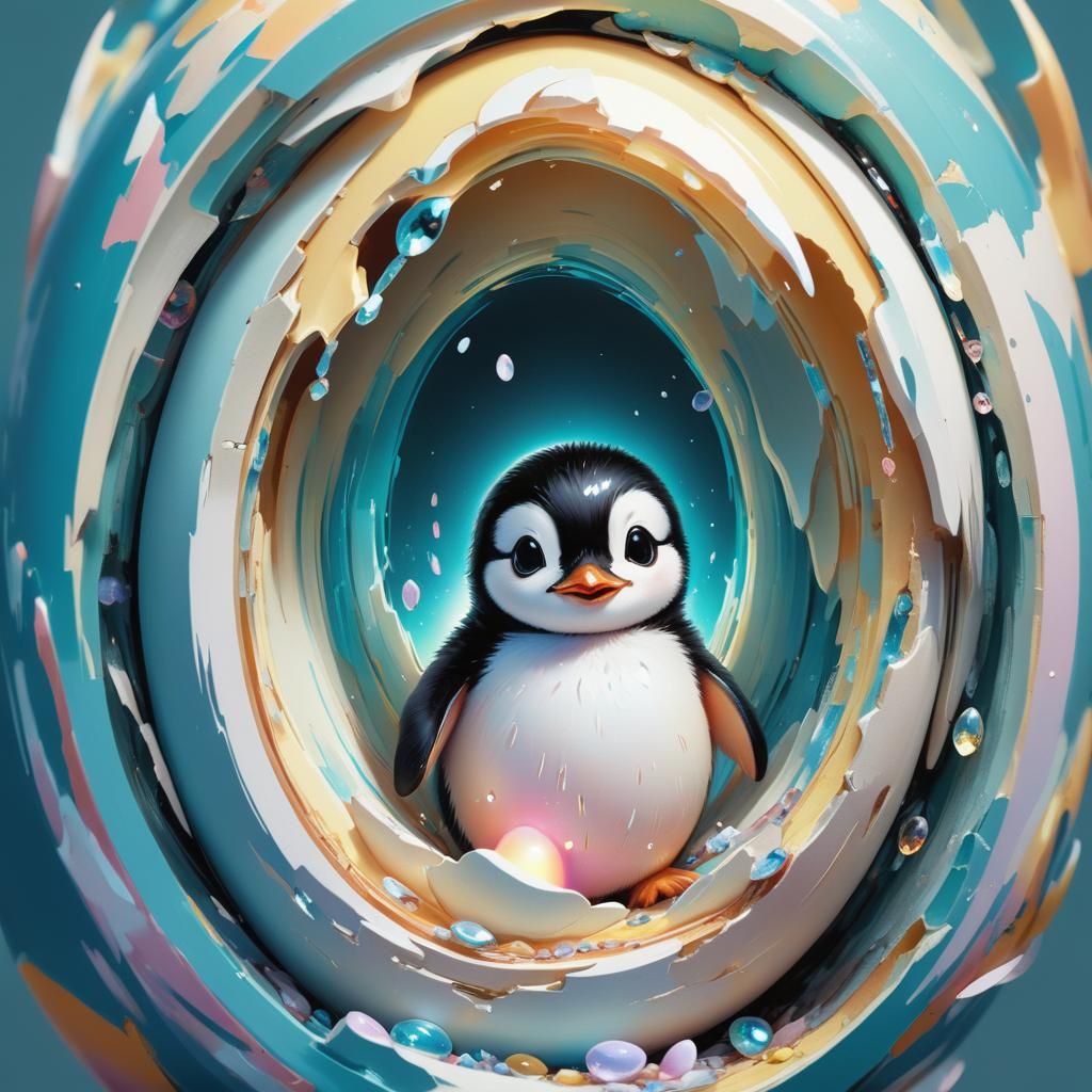 Penguin Emerges from Surreal Crystal Egg Portal