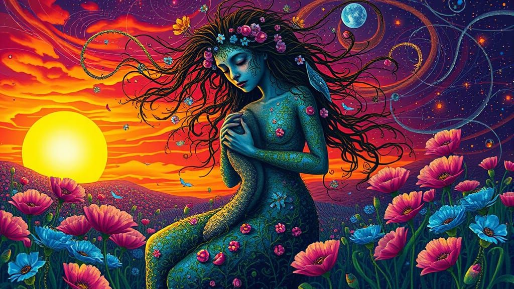 Surreal Mother Dances with Iridescent Creatures in Vibrant H...