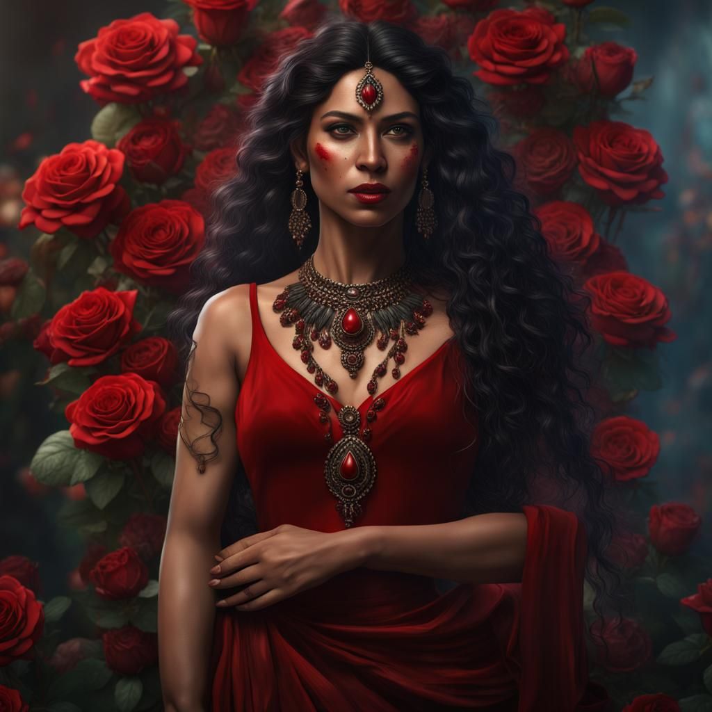 Beautiful Amerindian Woman with Roses, Detailed Digital Art