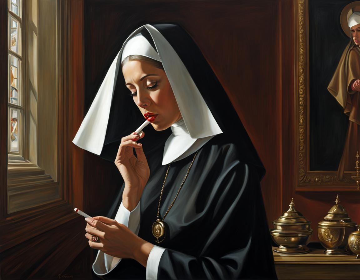 Photorealistic Nun Smoking Cigarette in Scandalous Attire