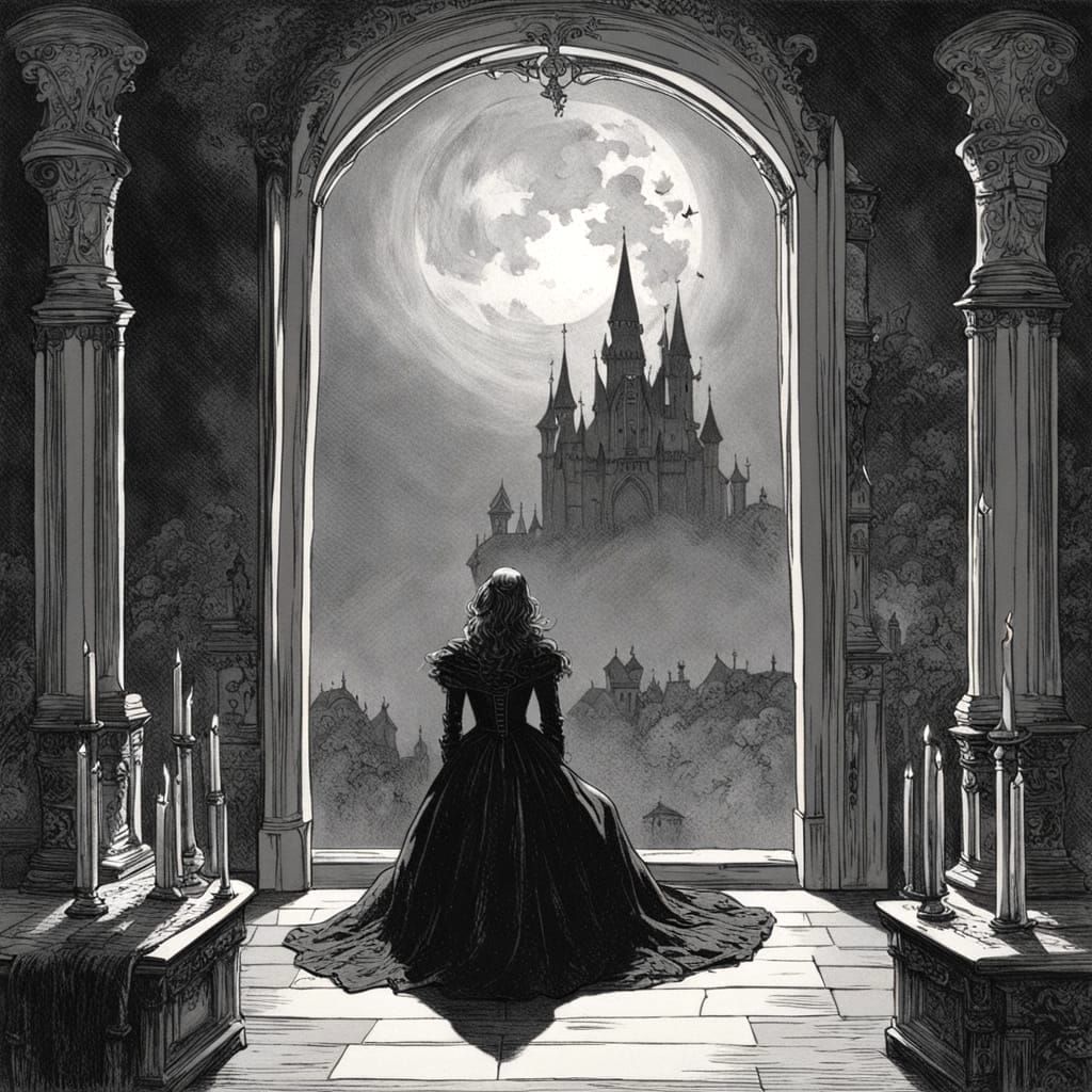 Gothic Vampire Woman Prepares for Night in Castle Ruins