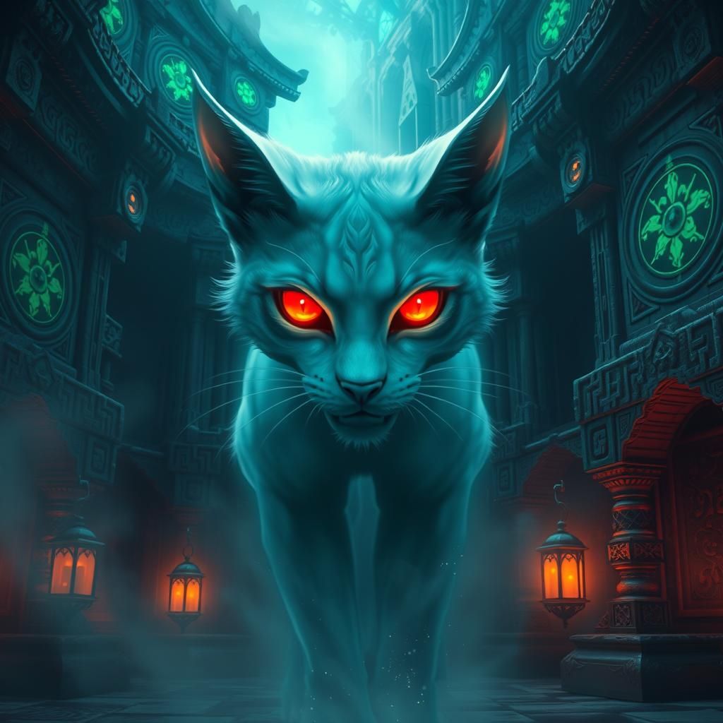 Ethereal Ghost Cat in Mystical Architecture