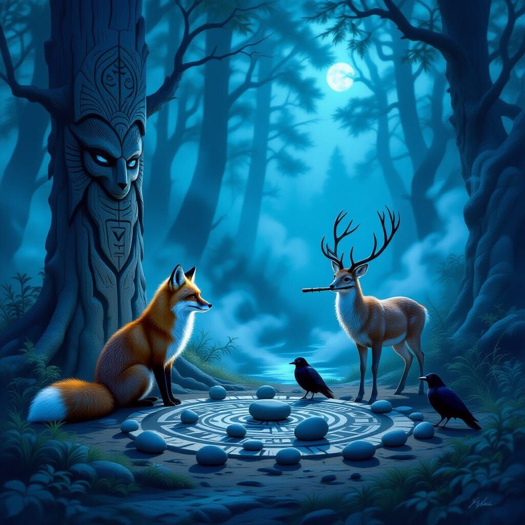Mystical Forest Creatures Pursue Hidden Hobbies at Twilight