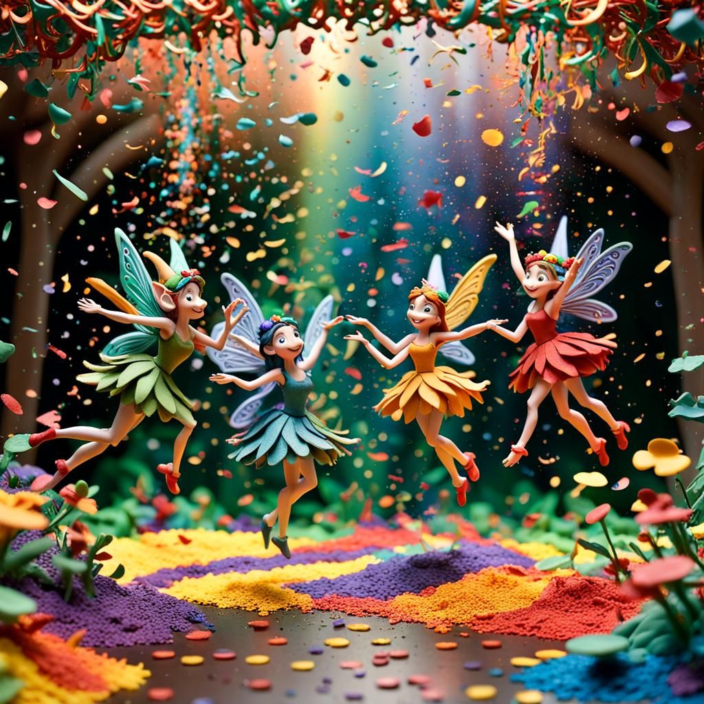 whimsical colorful fairies, mischievous elves, and playful c...