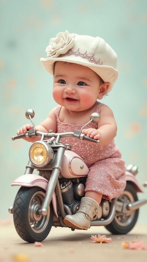 Baby on Jeweled Motorbike in Watercolor Digital Art