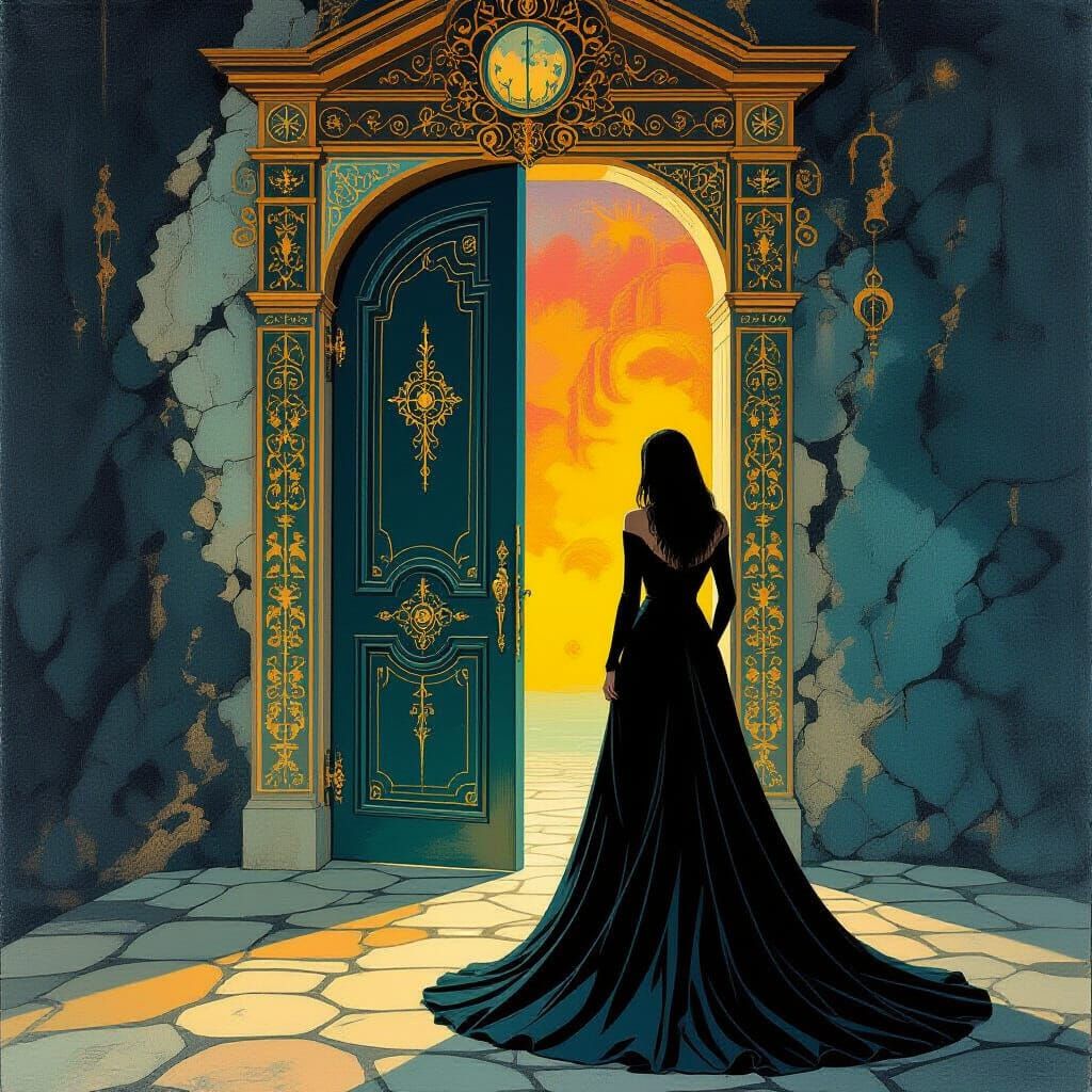 Mysterious Woman Before Dreamlike Doorway in Surrealist Styl...