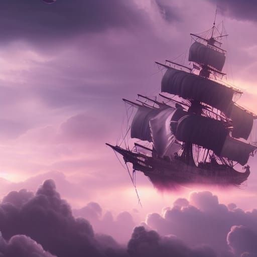 Majestic Pirate Ship Soaring on Pink Clouds