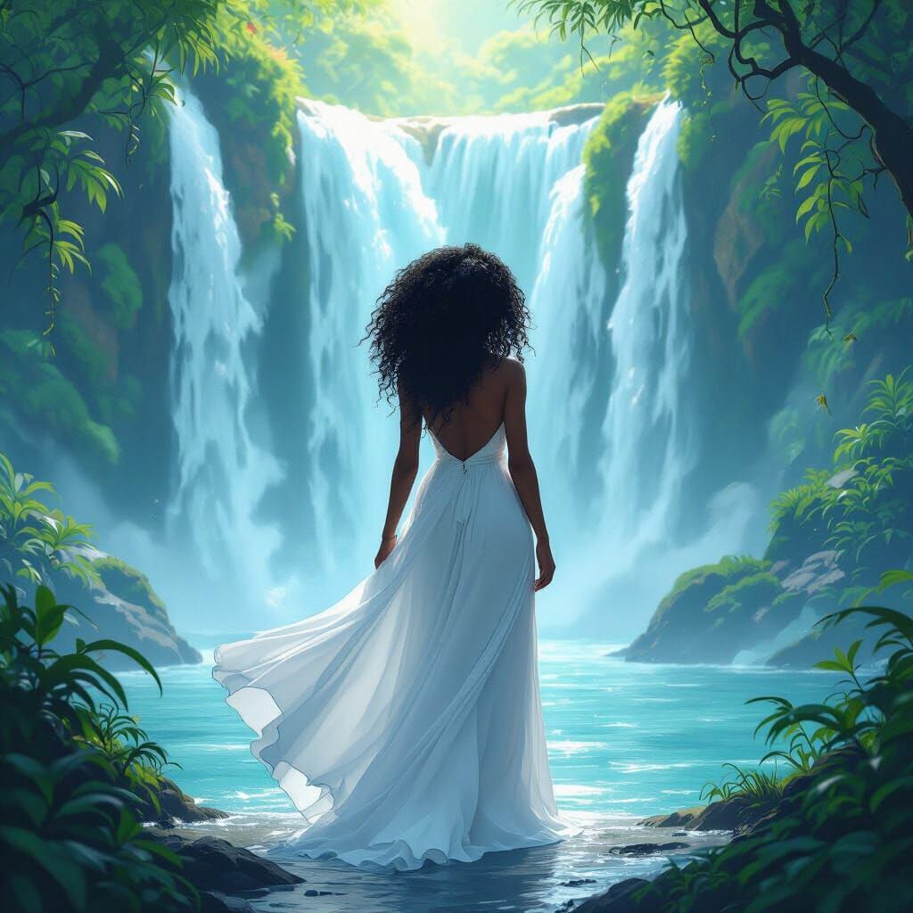 Mystical Waterfall Scene of Black Woman in Dreamy Digital Ar...