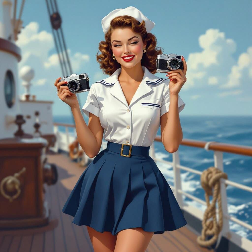 Playful Sailor Pin-Up Girl with Vintage Camera