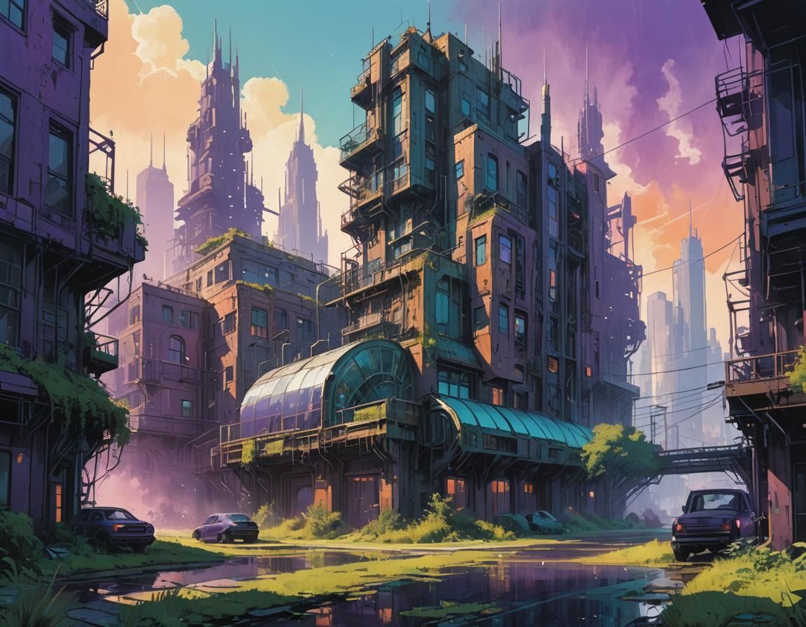 Enchanted Biopunk Townscape in Watercolor Style