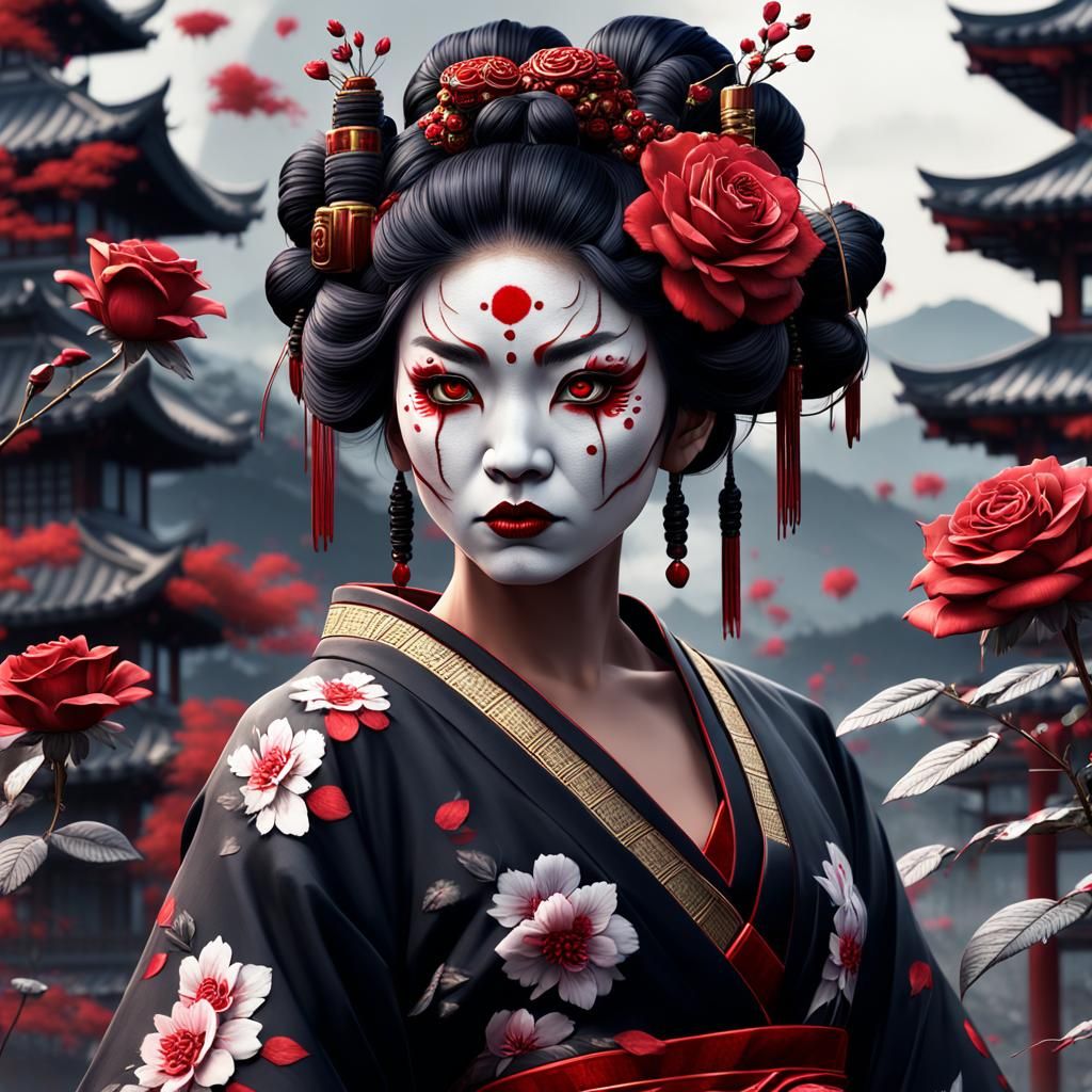 Geisha Woman with Roses, Fantasy Concept Art