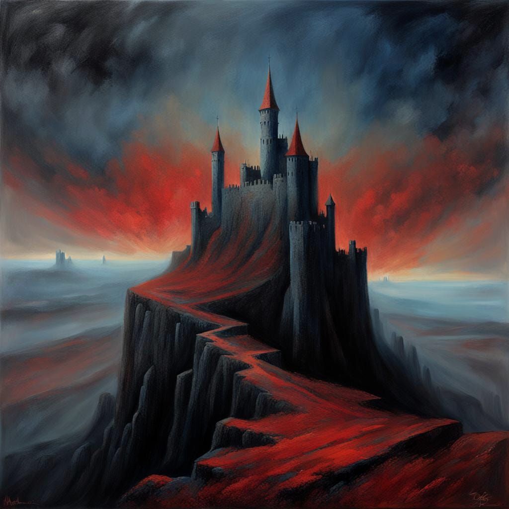 Bold Castle Scene on Cliff in Deep Blues