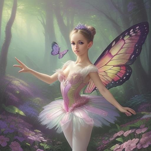 Ballerina with Butterfly Wings in Enchanted Forest