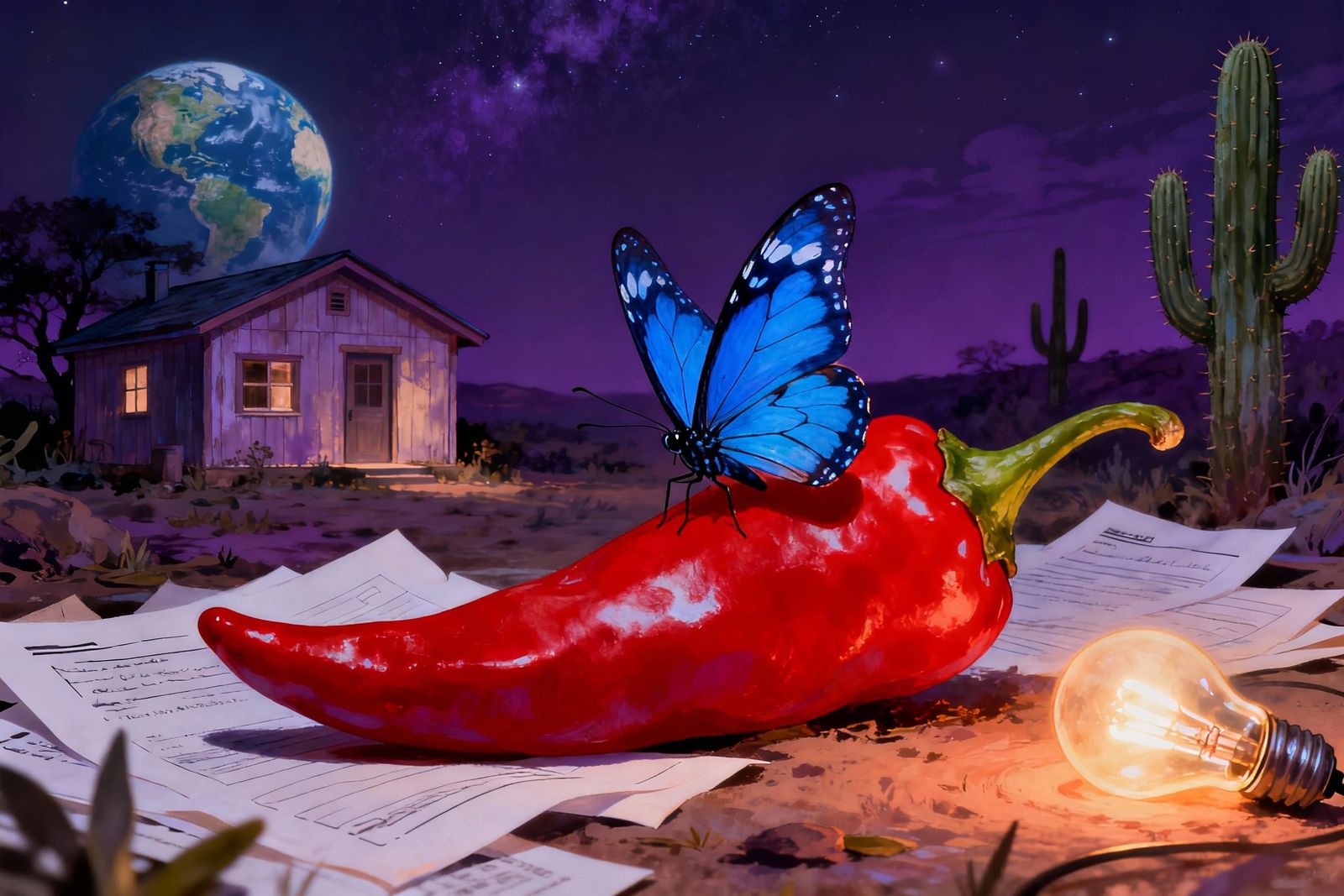 Enigmatic Nightscape with Celestial Swirls and Floral Accent...