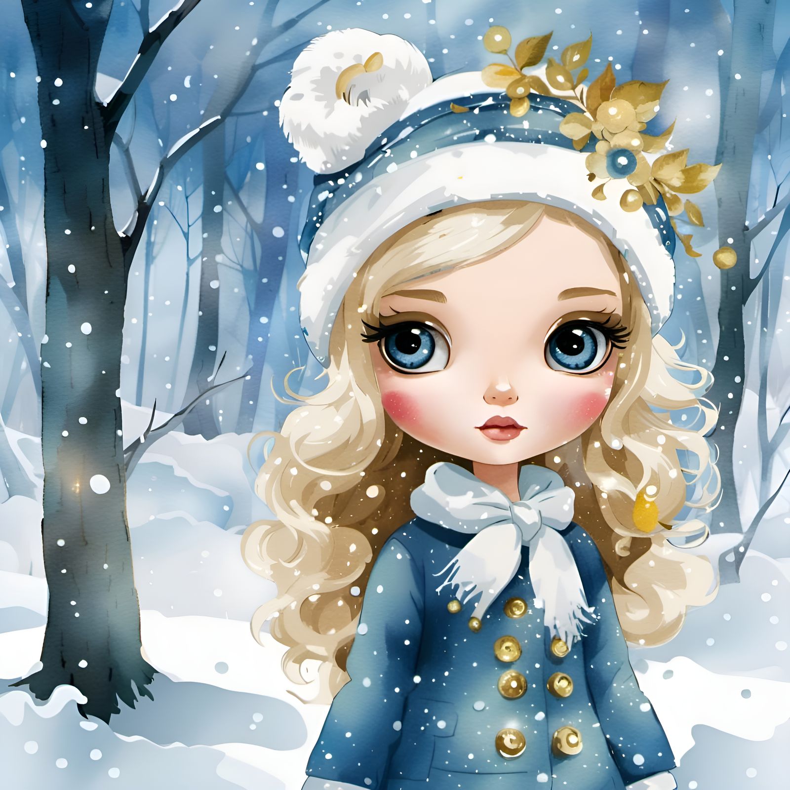 Watercolor Blythe Doll Portrait in Snowy Forest