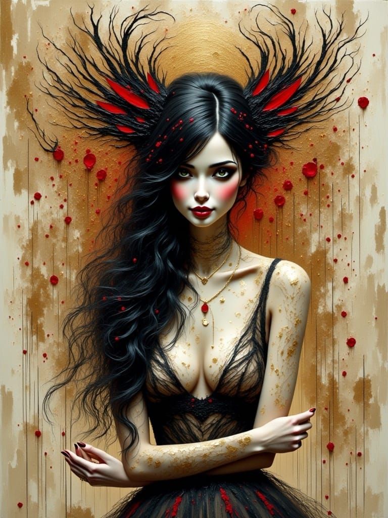 Gothic Woman with Red Lips and Golden Eyes