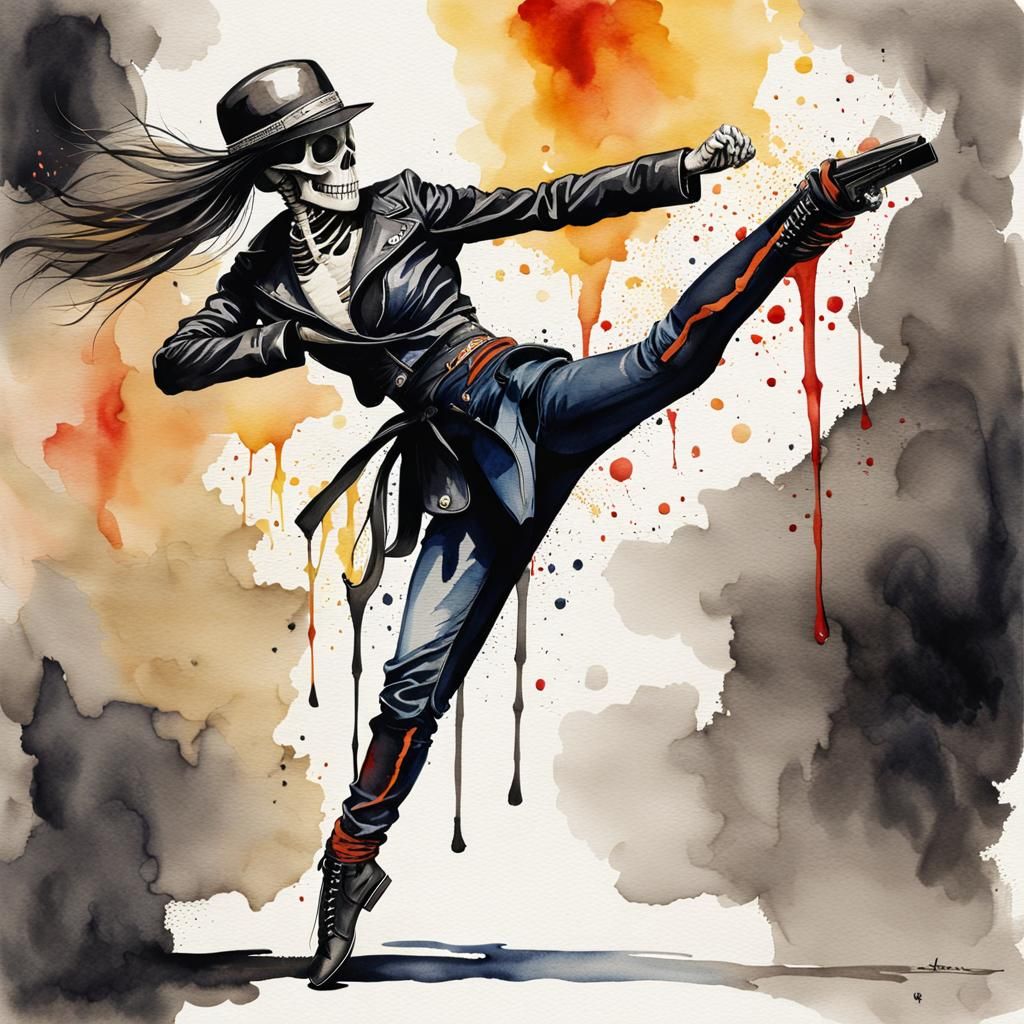 Skeleton Woman Roundhouse Kick in Watercolor Style