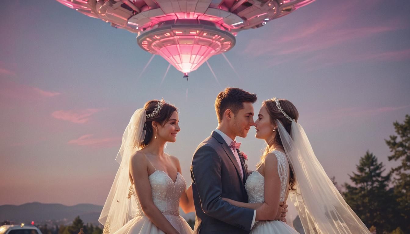 UFO Photobomb in Low-Poly Sci-Fi Wedding Photo