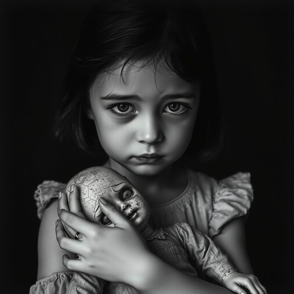 Ethereal Girl with Fractured Doll in Dark Cinema Style