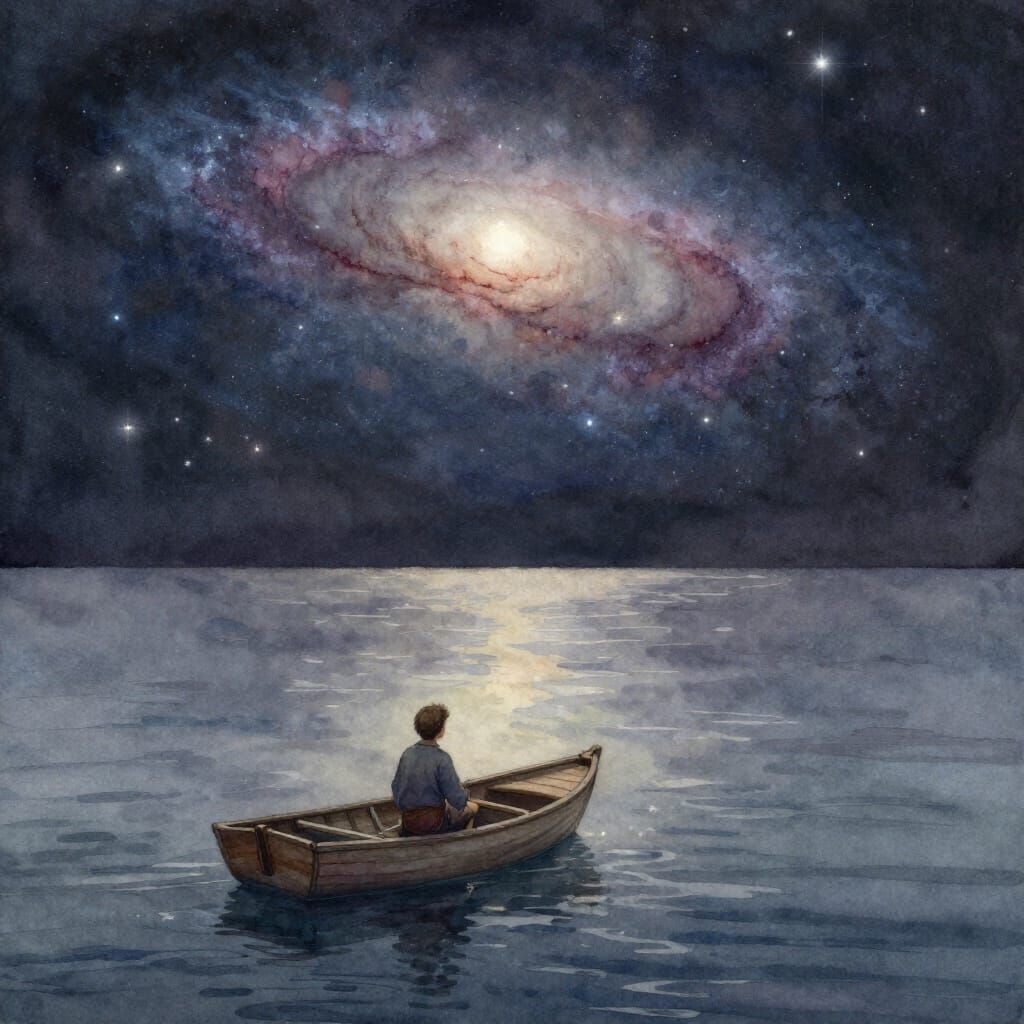 Fisherboy Adrift Under Swirling Galaxy