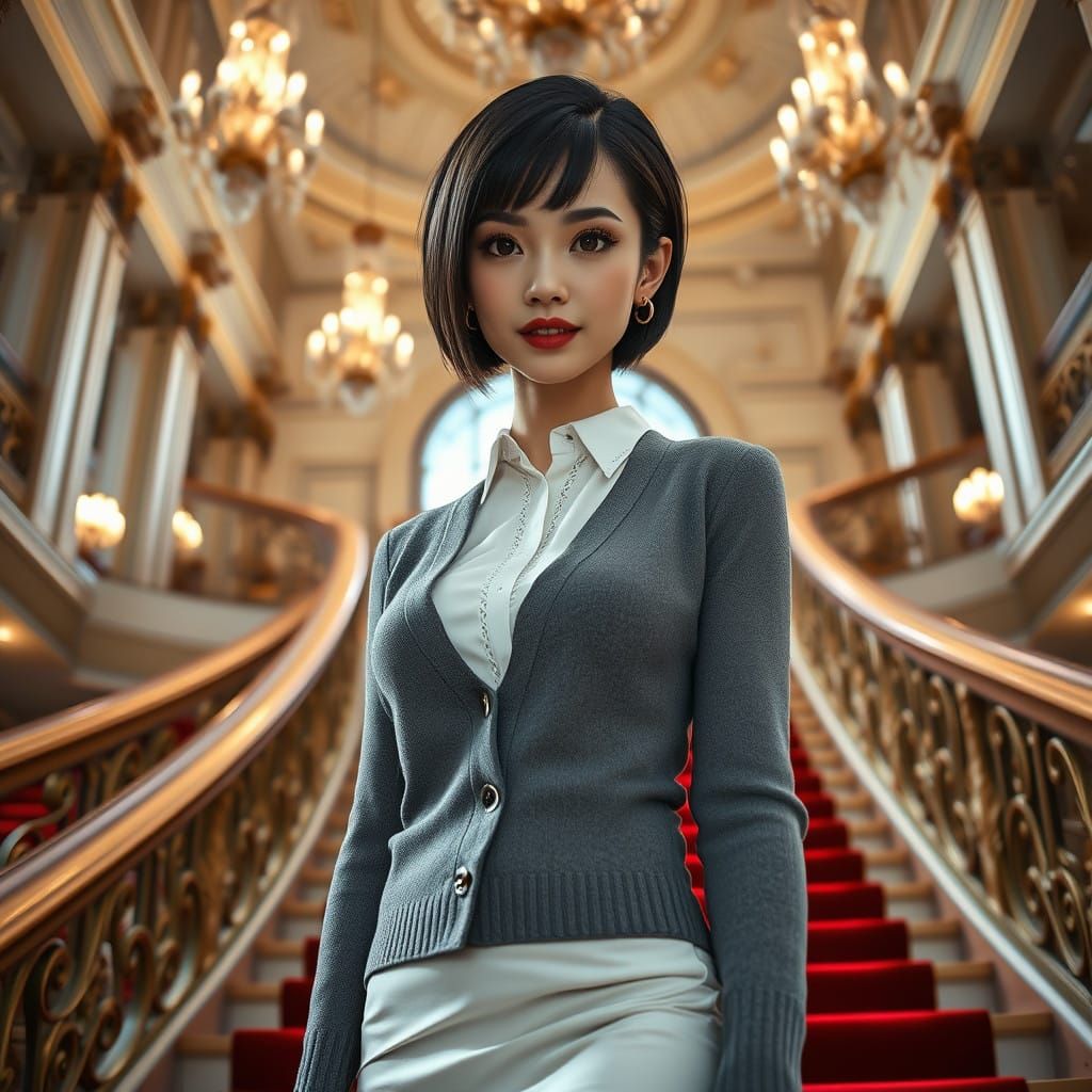 Elegant Brunette Woman in Lavish Hotel Setting