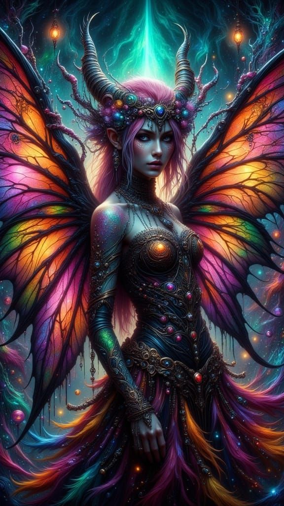Surreal Dark Fairy with Glowing Aura and Rainbow Hair