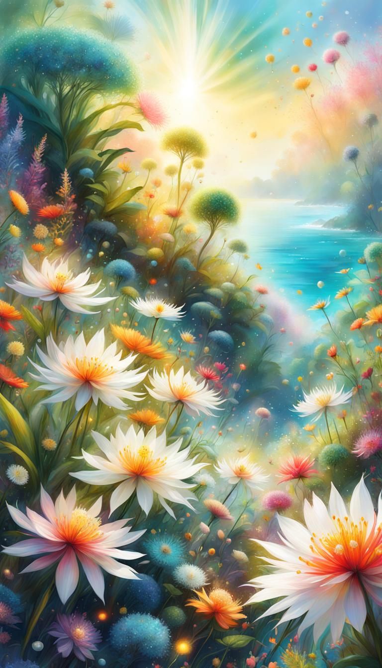 Lush Tropical Island with Ethereal Flowers