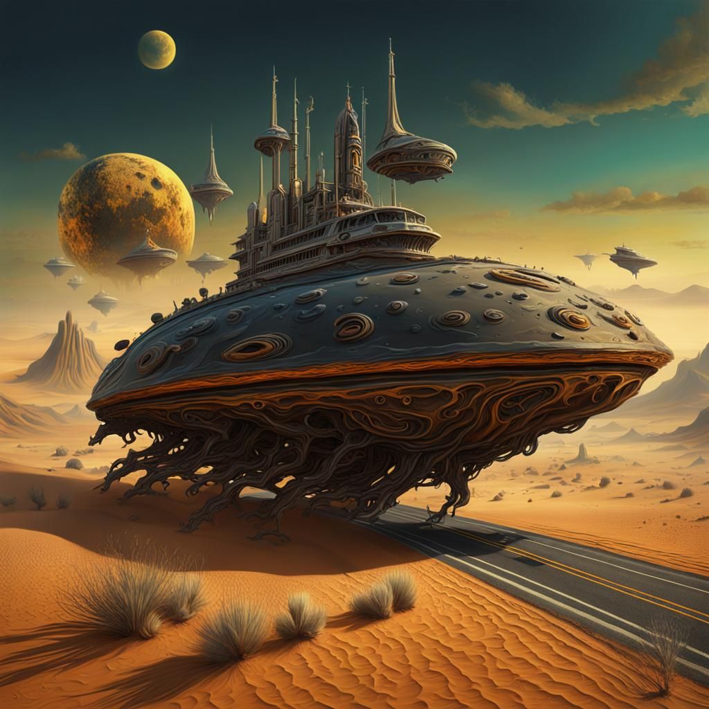 Alien Ship over Desert Highway, Surrealist Digital Art