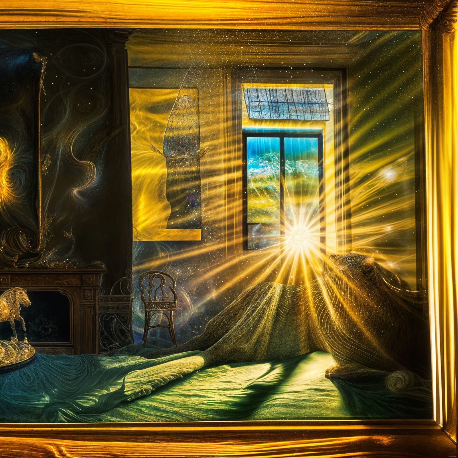 Cats in Magical Realm with Swirling Rainbow Particles