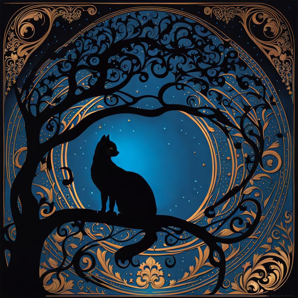 Black Cat Silhouette Under Starry Art Nouveau Sky