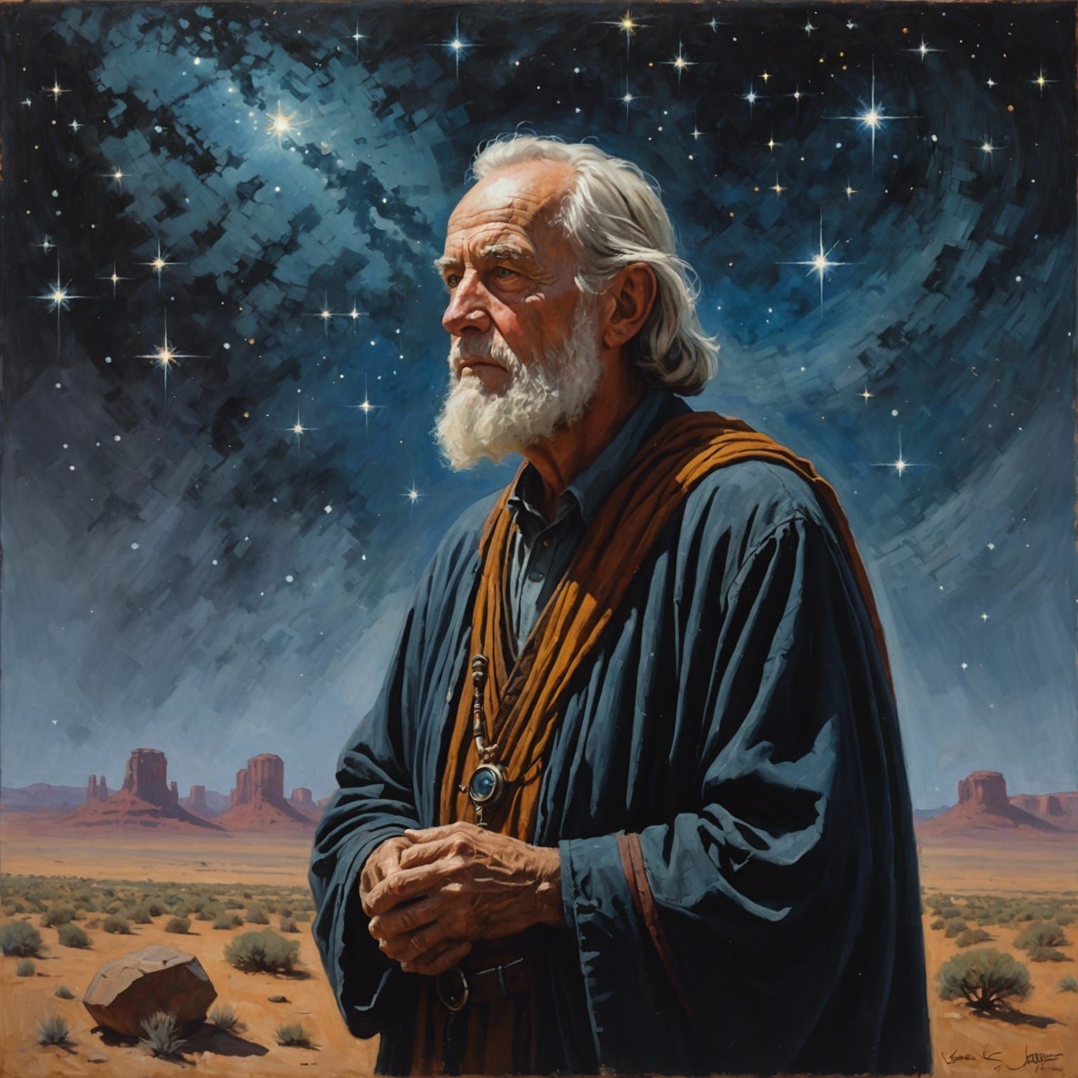 Prophet Contemplates Stars in Oil Painting Style