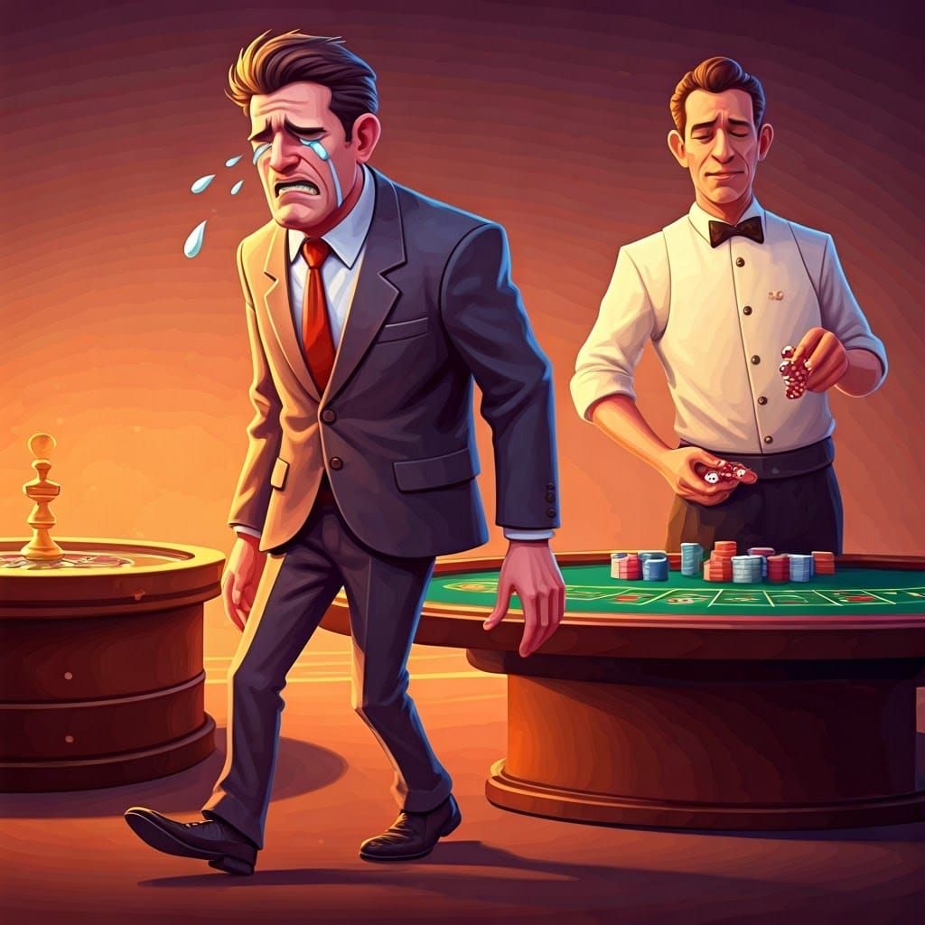 Defeated Gambler Walks Away in Cartoon Style