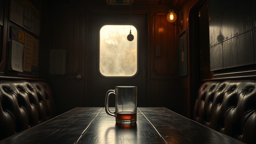 Antique Train Carriage Interior in Dramatic Noir Lighting