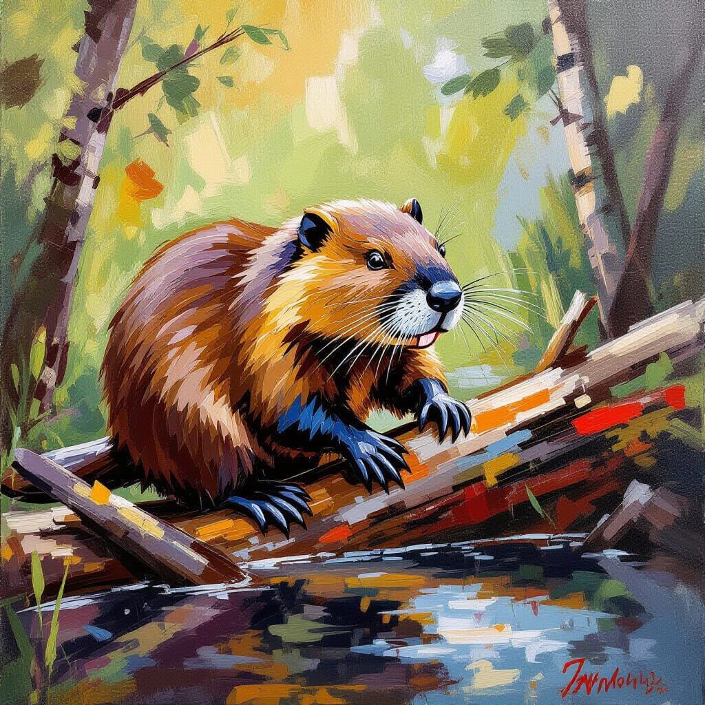 Beaver Building Dam with Bold Brushstrokes
