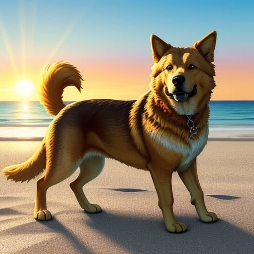 Chill Dog Sunbathing on Beach as Vibrant Oil Painting