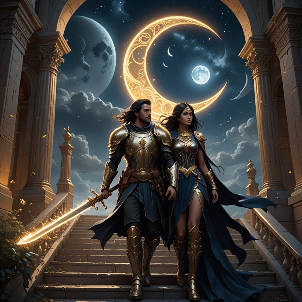Couple Ascend Moon Staircase in Epic Fantasy Art