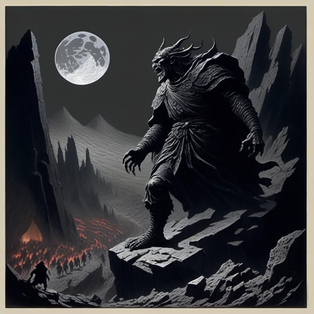 Infernal Stone Mountains with Lava and Creature