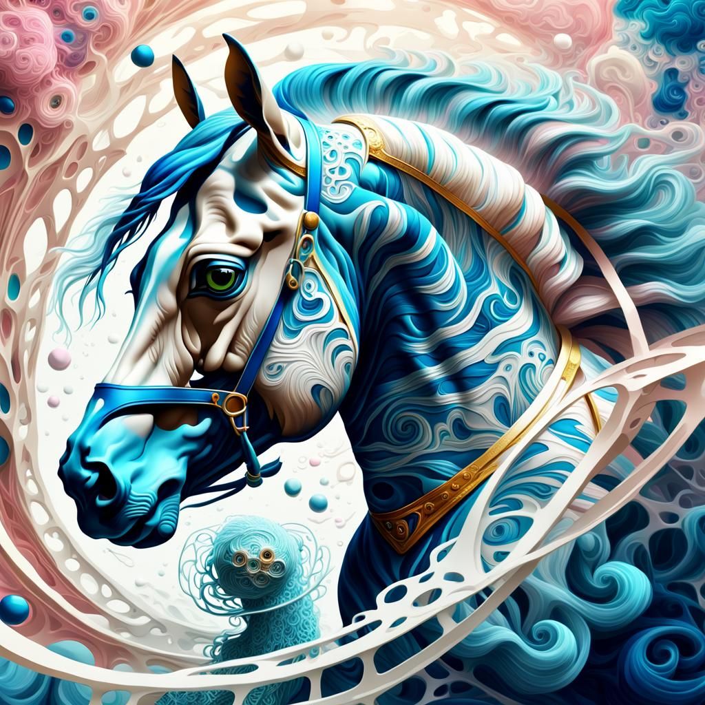Blue Horse Emerges From Lace: Surreal Digital Art
