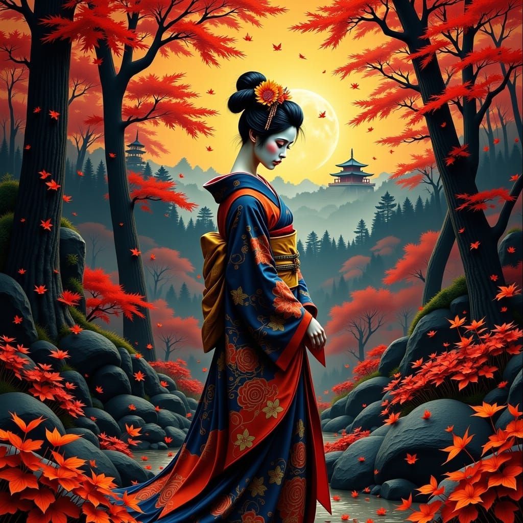 Geisha in Autumn Forest, Hyper-Realistic Digital Art