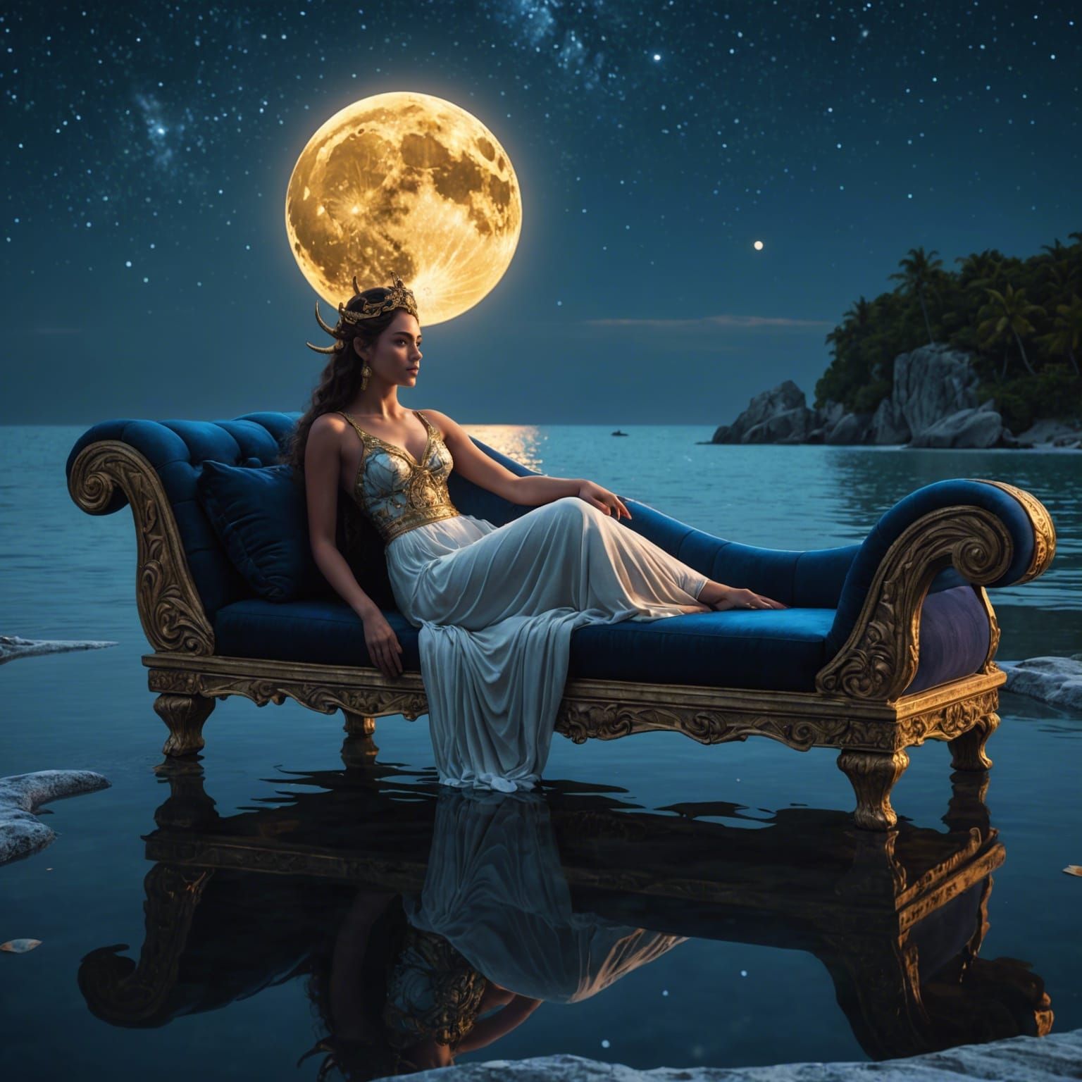 Moon Goddess Lounging on Beach, Fantasy Concept Art