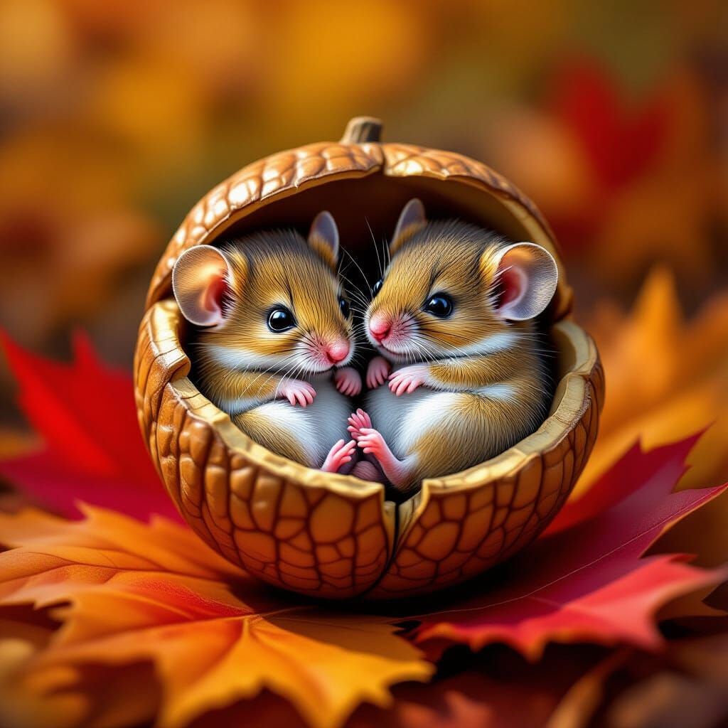 Cozy Baby Mice in Acorn on Fall Leaf Splash Art