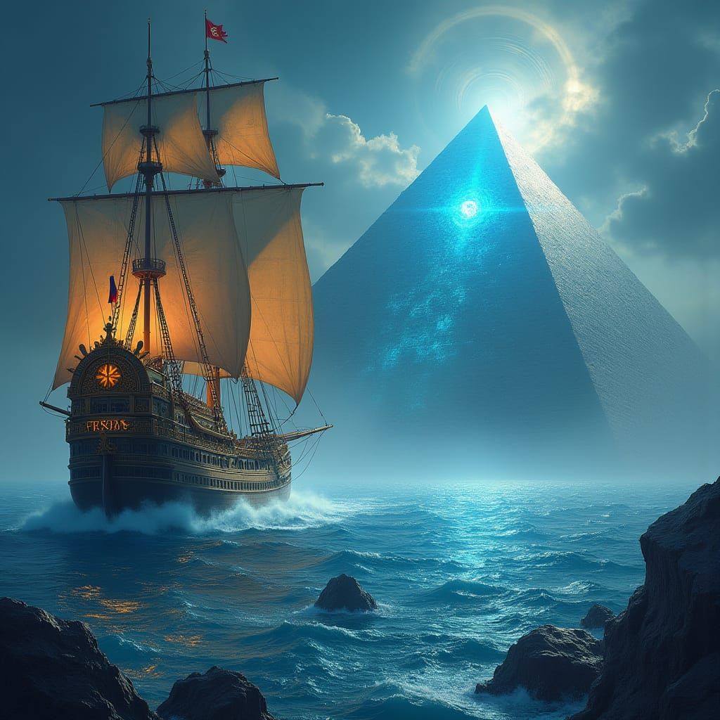 Ship Navigating to Turned Pyramid with Northstar Emblem