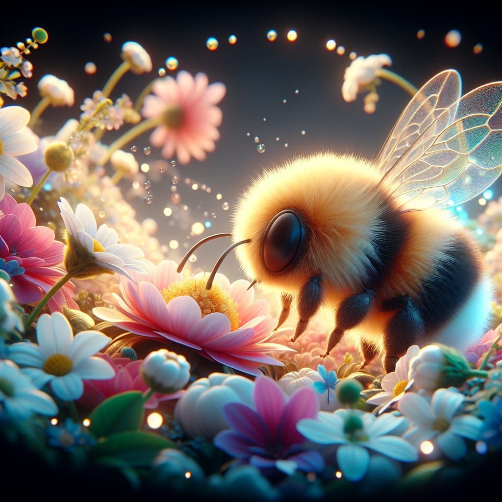 Fluffy Bumblebee Smelling Flower in 3D CGI Animation